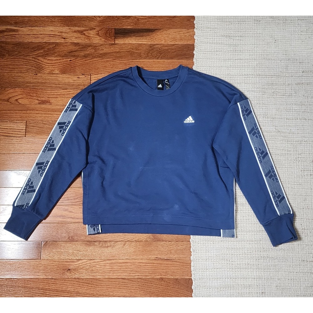 Adidas Sweatshirt Blue Pullover Crew Crop Changeover Tape Logo Active Sports M